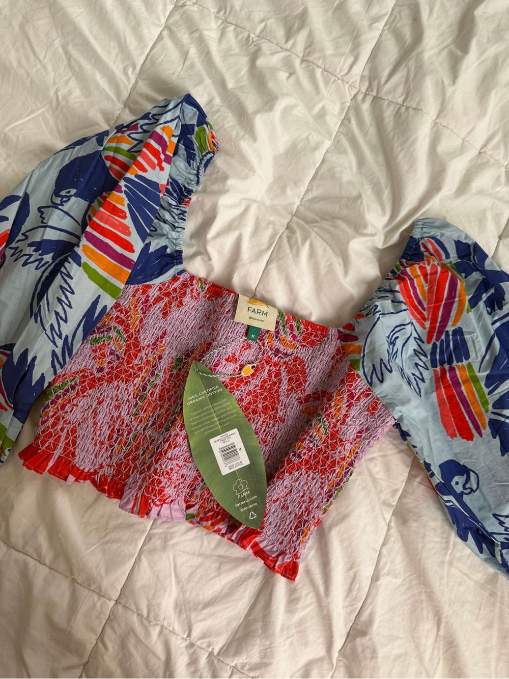 Farm Rio Smocked Crop Top with Parrot Print Sleeves - Multicolor